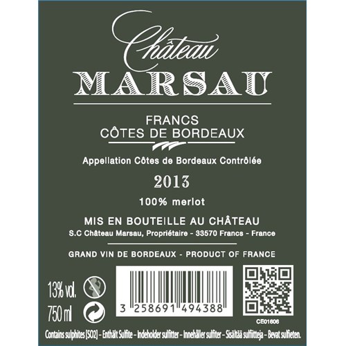 Château Marsau - Francs-Côtes de Bordeaux 2013