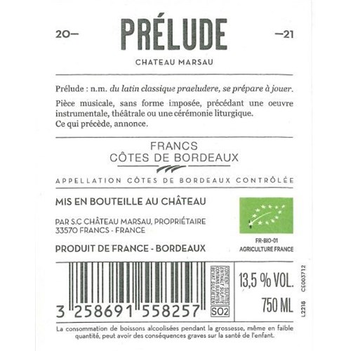 Prélude de Marsau - Francs-Côtes de Bordeaux 2021